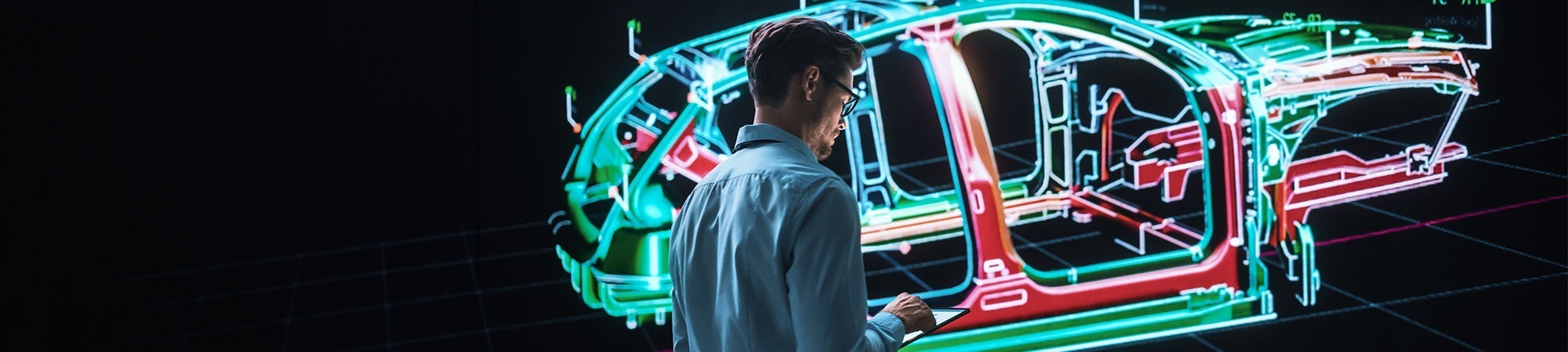 Digital car body and a man looking at a tablet